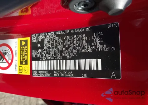 2010 Lexus Rx 350 from USA, damaged, VIN 2T2BK1BA9AC073675